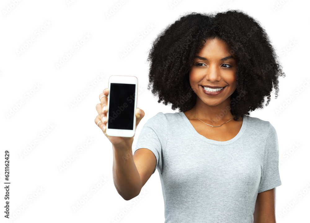 Phone, application and smile with a black woman isolated on transparent background showing an empty 