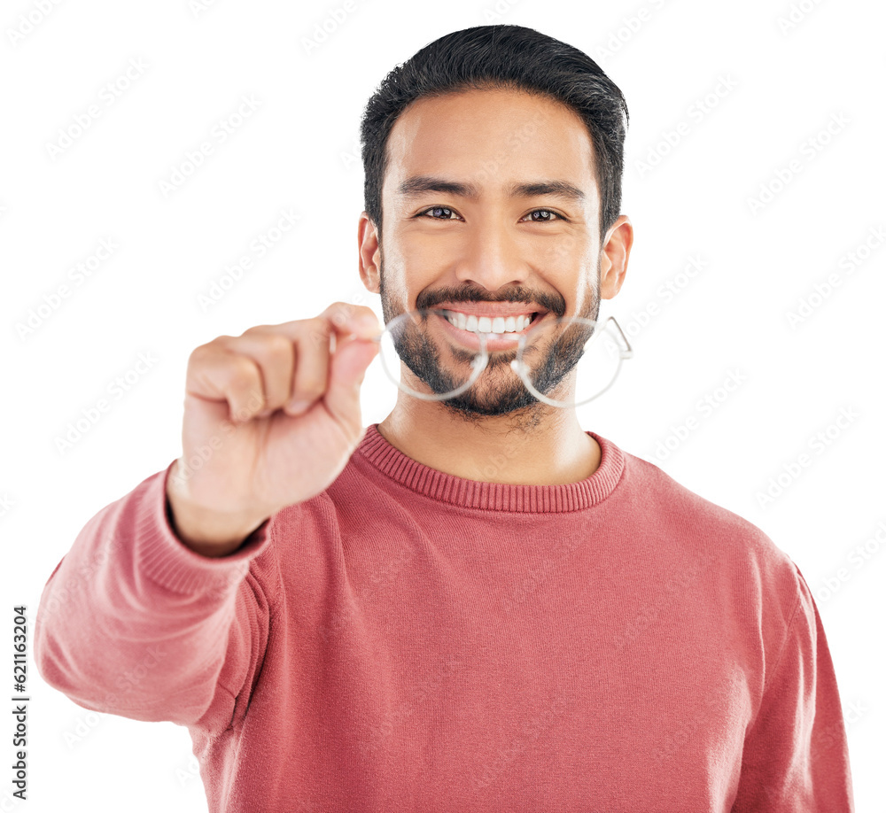 Lens, happy and asian man with glasses in portrait for png or isolated and transparent background. F