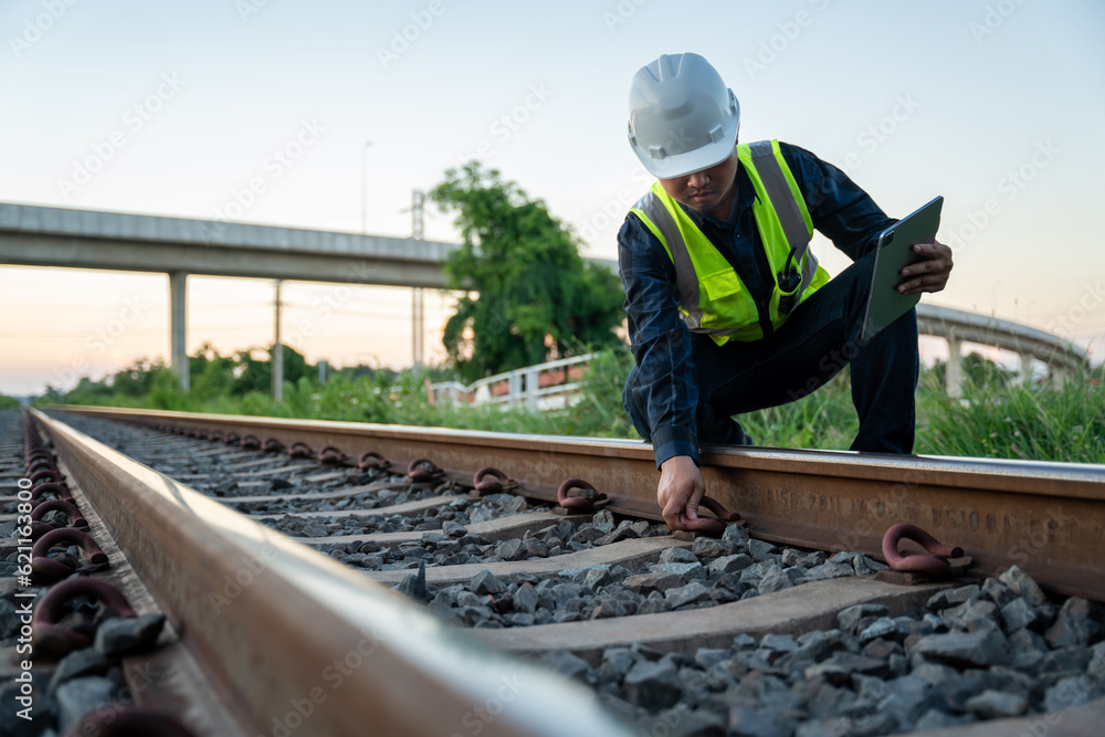 A construction worker on railways. Engineer work on railway. Infrastructure.