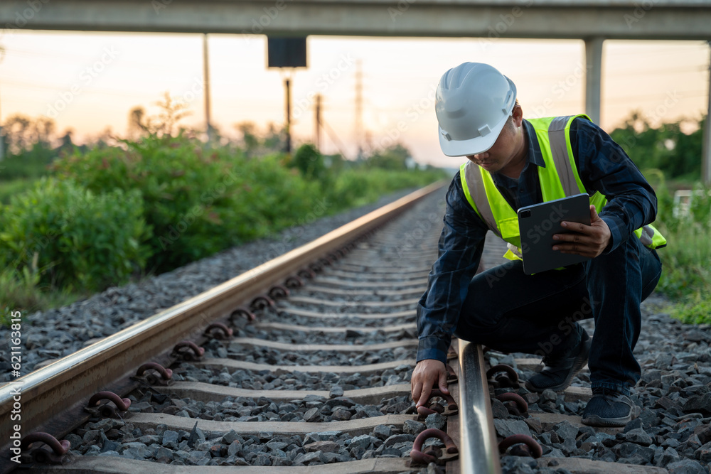 An engineer is sitting and inspecting the railway. Construction workers on the railway. Railway engi