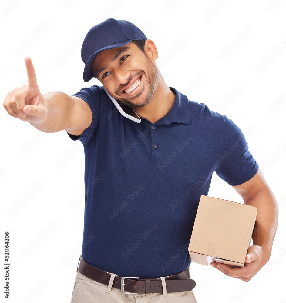 Logistics, man and delivery with talking on cellphone in png or isolated and transparent background 