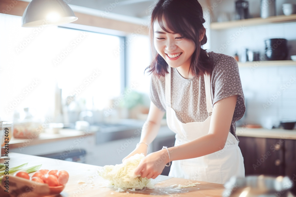 キッチンに立つ笑顔の女性（AI生成）