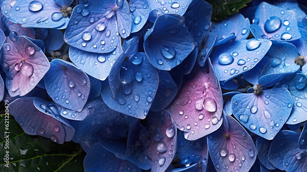 Blue Hydrangeas flowers with water drops background. Closeup of blossom with glistening droplets. Ge