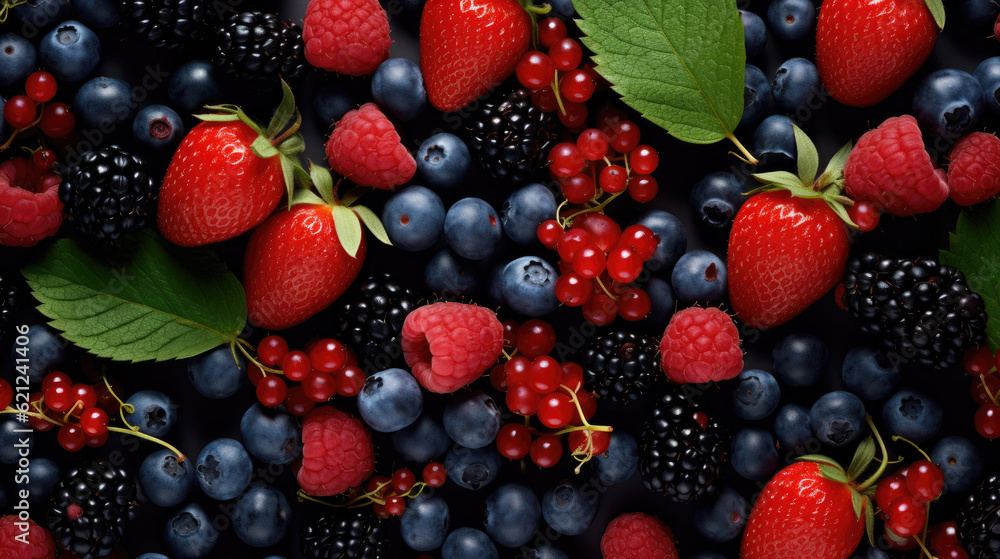 Colorful berries background of strawberries, raspberries, blueberries, currants