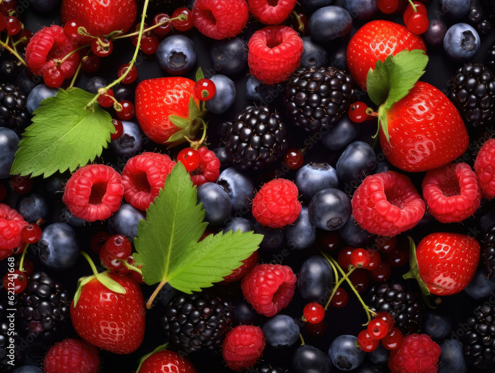 Colorful berries background of strawberries, raspberries, blueberries, currants