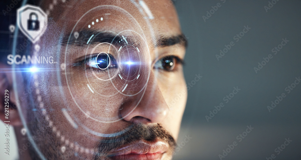 Asian man, scanning eye and biometrics for futuristic cyber security on mockup space at the office. 