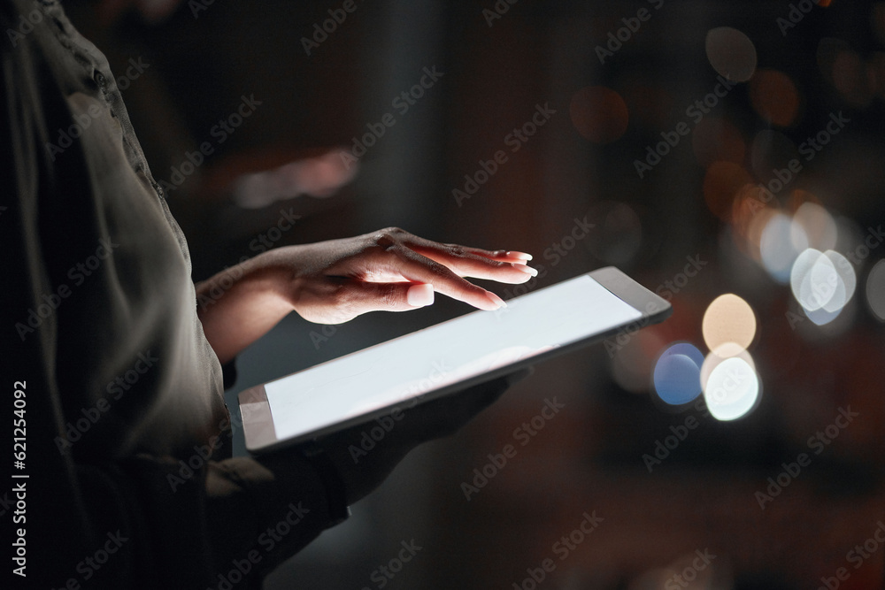 Woman, hands and tablet mockup at night for networking, social media or advertising at the office. C