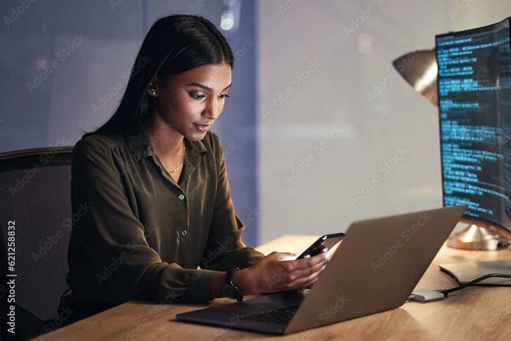 Laptop, phone and business woman on coding, software development and programming script for cybersec