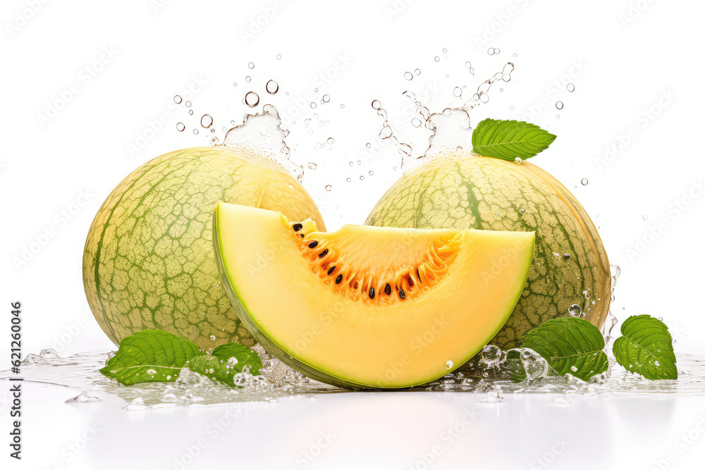 sliced cantaloupe melon path with water droplets isolated on white background (ai generated)