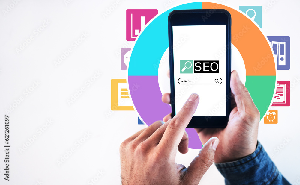 Seo, search bar and internet with phone screen and hands of person for website, social media and tec