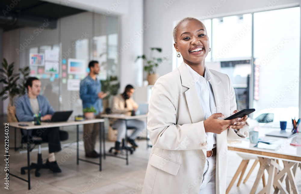 Phone, accountant and portrait of black woman, happy and smile in company, business workplace or cow