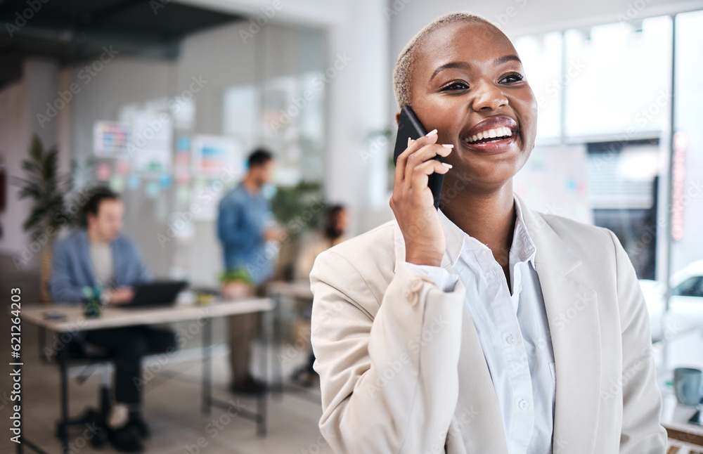 Phone call, funny and black woman in office for communication, conversation or chat. Smartphone, hap