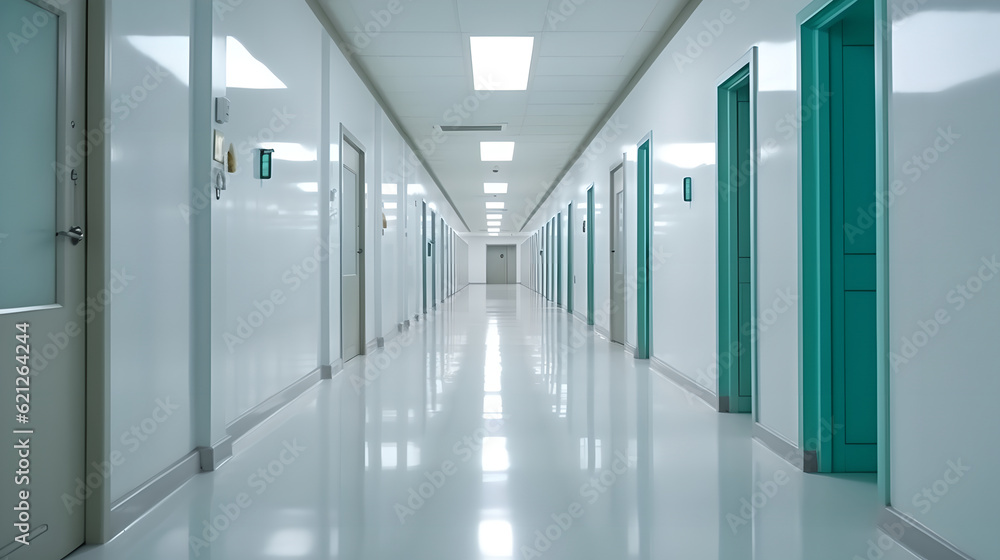 Long hospital corridor with rooms. image background of corridor in hospital or clinic