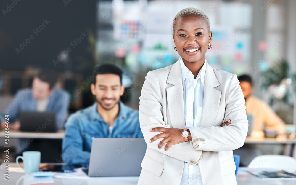 Portrait, accountant and black woman with arms crossed in office, business workplace or coworking co