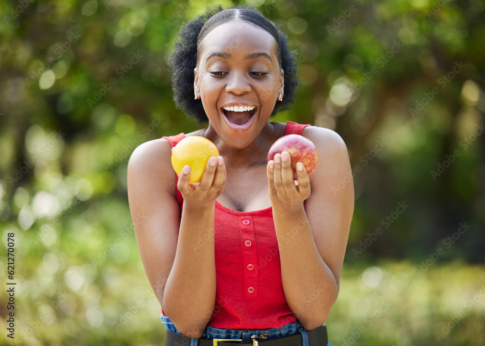 Happy black woman, lemon and apple in surprise for vitamin C, natural nutrition or diet in nature. A