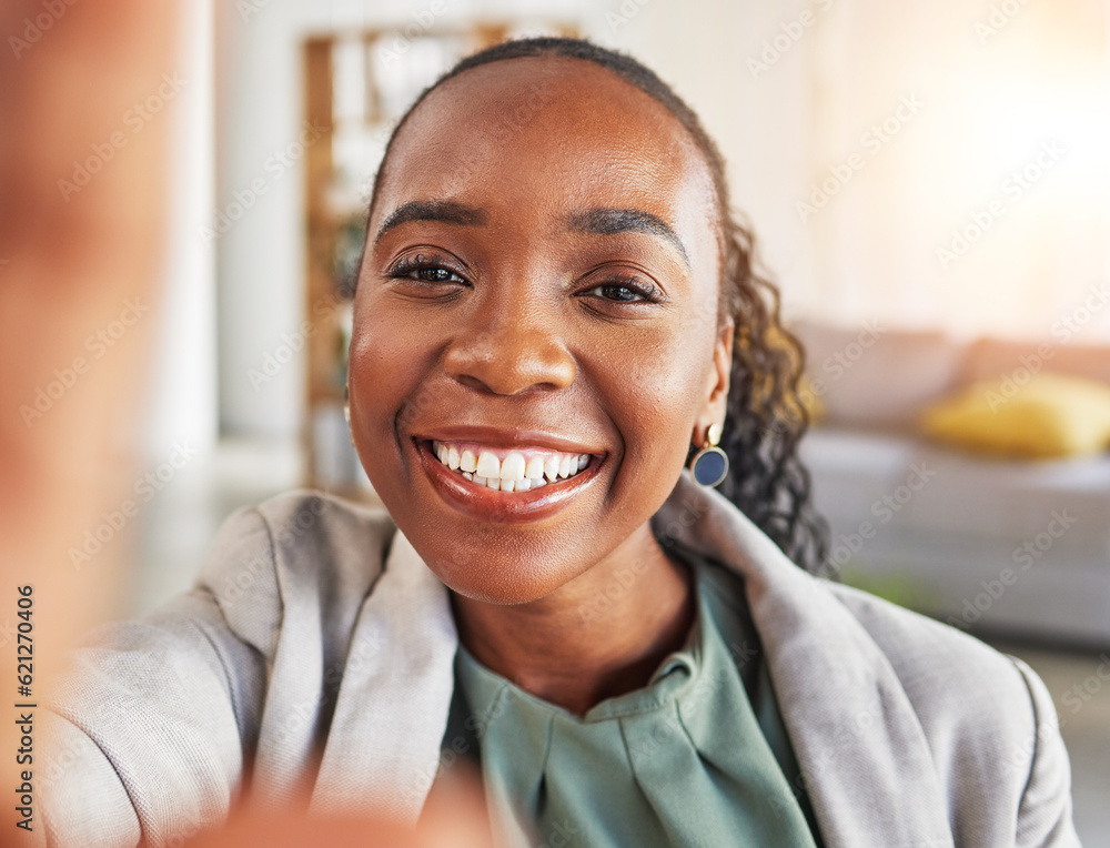 Black woman, selfie and profile picture with a smile, happy self portrait or memory in corporate car