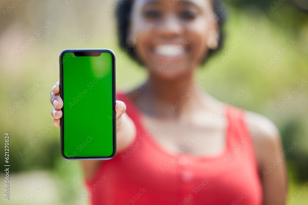 Woman, hands and phone mockup green screen for advertising, mobile app or communication in nature. F