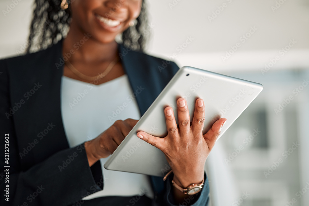 Lawyer, hands and black woman with tablet in office for legal research, online app and social media.