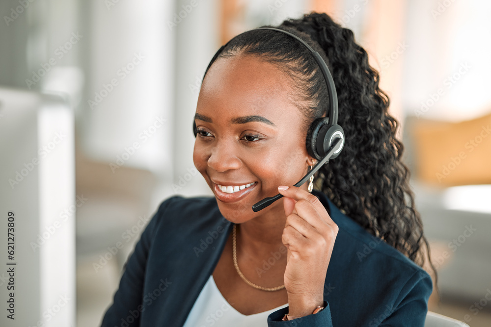 Headphones, telemarketing and black woman with a smile, call center or consultant with internet conn