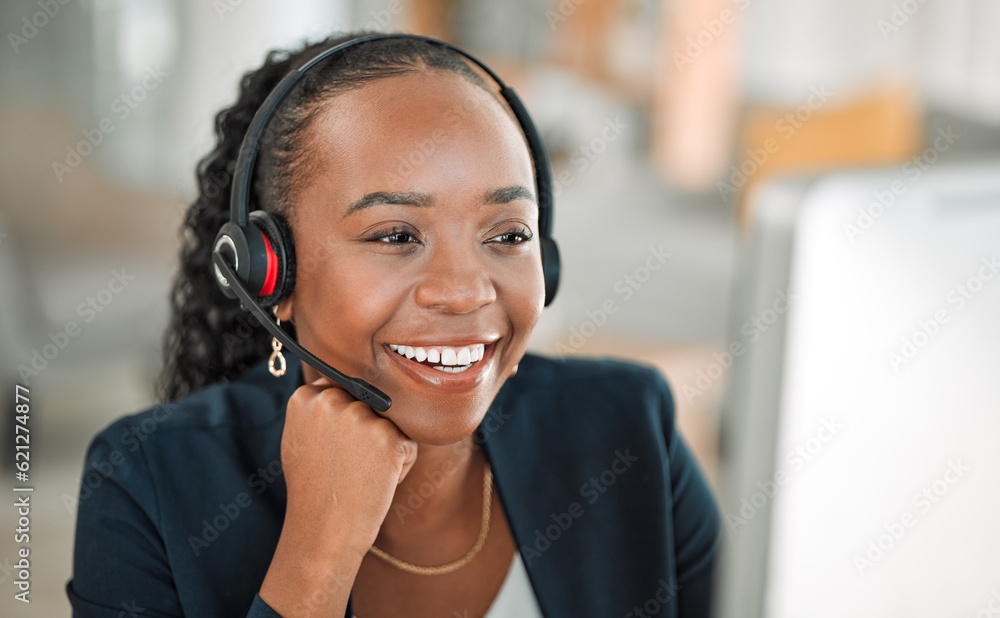 CRM, telemarketing or black woman with a smile, call center or internet connection with help. Female