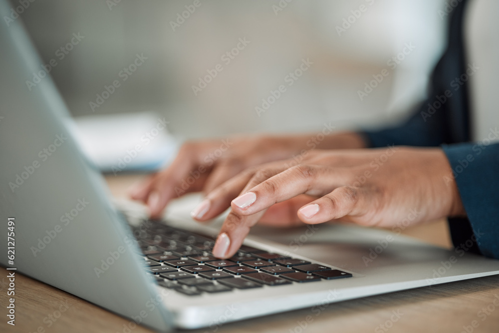 Hands, trader or woman typing on laptop working on email or research project on keyboard. Technology