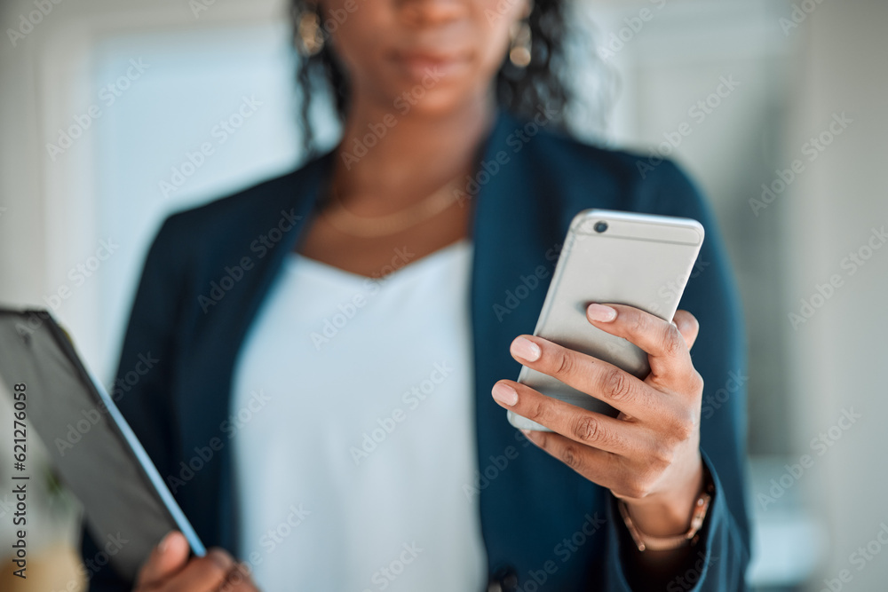 Phone, search and woman accountant typing an email or online message on a mobile app, web or website