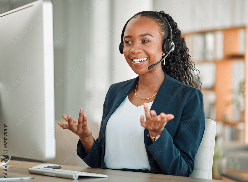 Computer, happy or black woman with headphones in call center for ecommerce or telemarketing advice.