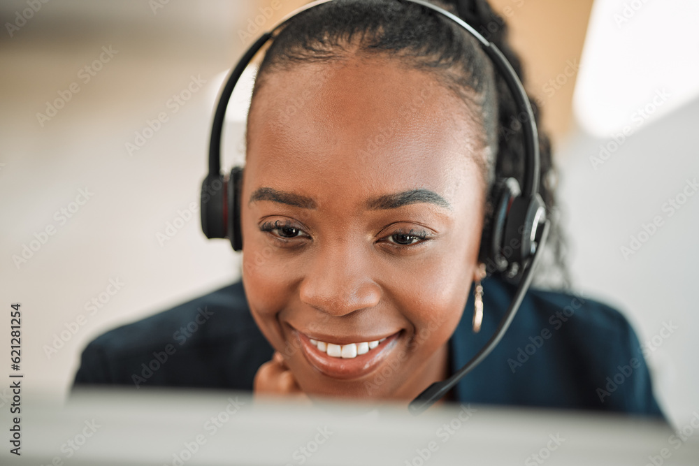 Headphones, telemarketing and black woman with a smile, online reading and internet connection with 