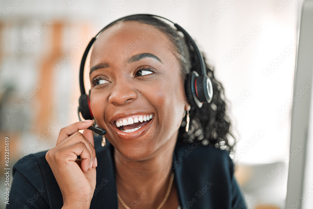 Thinking, telemarketing or black woman with funny, call center and customer service with help. Femal