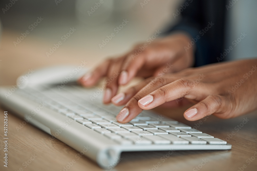 Hands, trader or woman typing on computer working on email or research project on keyboard. Keyboard