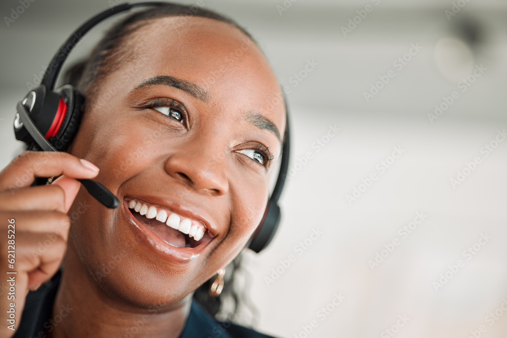 Thinking, call center and black woman with a smile, customer service and internet connection with te