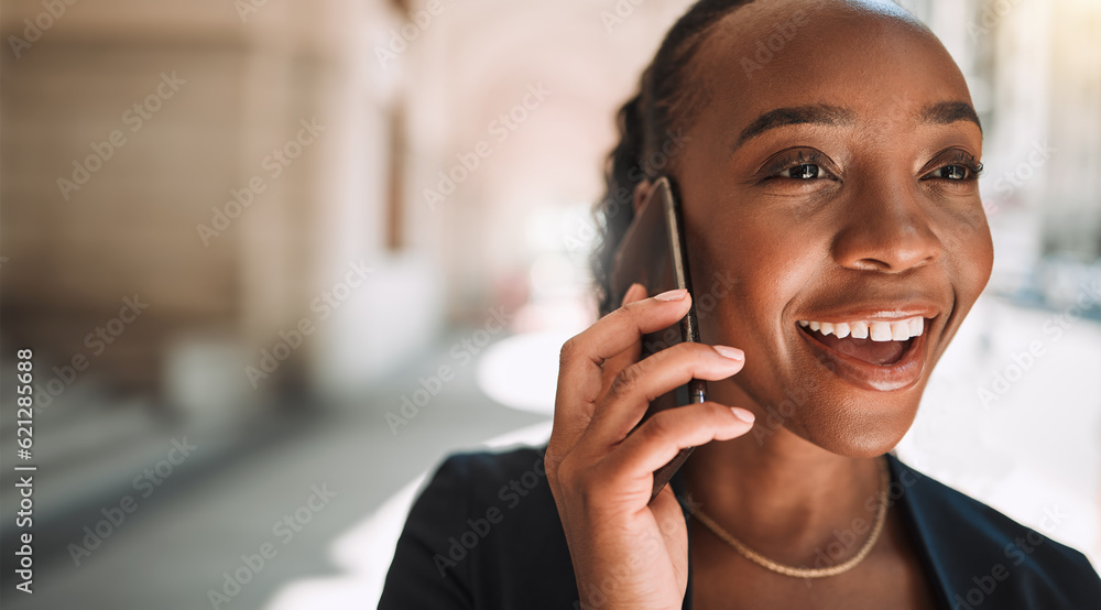 Happy black woman, phone call and city for conversation, communication or networking. Face of Africa