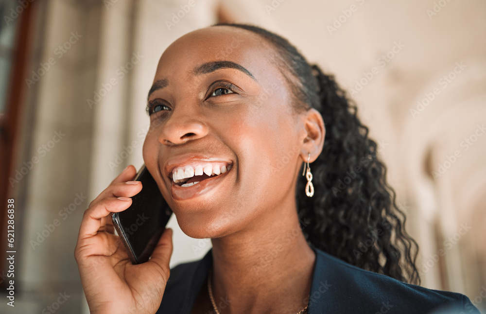 Happy black woman, phone call and laughing in city for conversation or communication. Face of Africa