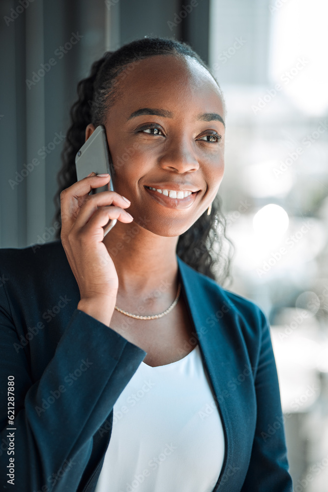 Black woman, smile and phone call for business, communication and conversation. Smartphone, happy an