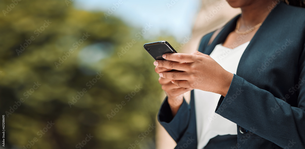 Woman, hands and phone in city for communication, social media or networking outdoors. Closeup of fe