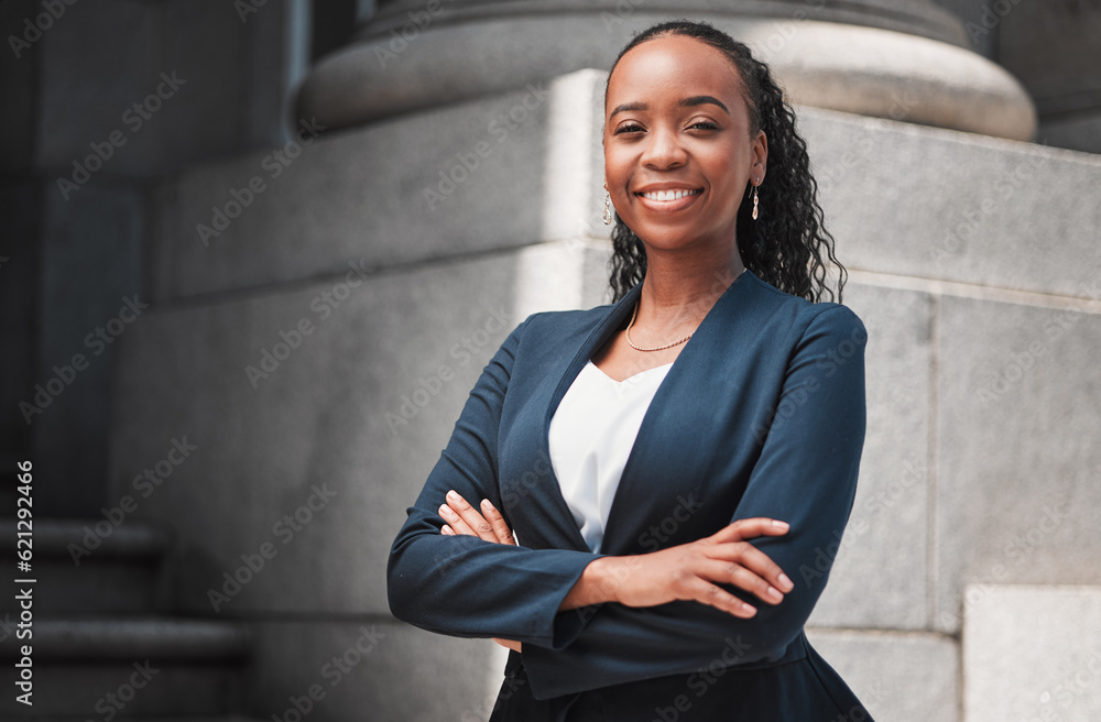 Arms crossed, lawyer or portrait of happy black woman with smile or confidence working in a law firm