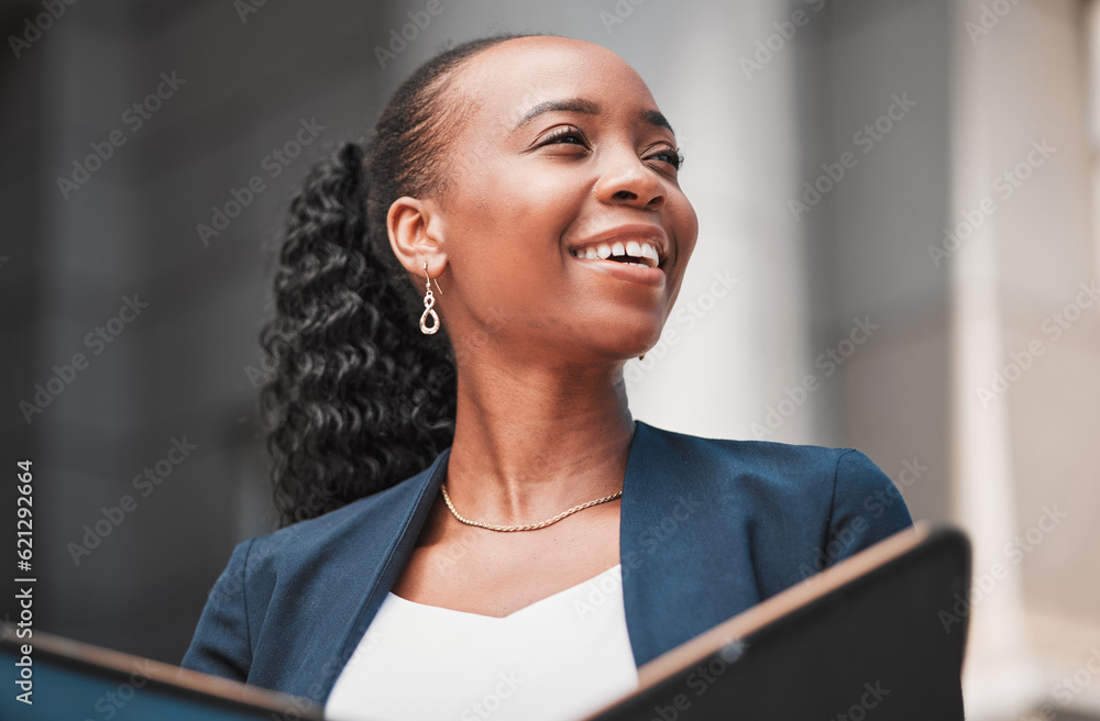 Book, happy black woman or lawyer thinking with smile, research or empowerment working in a law firm