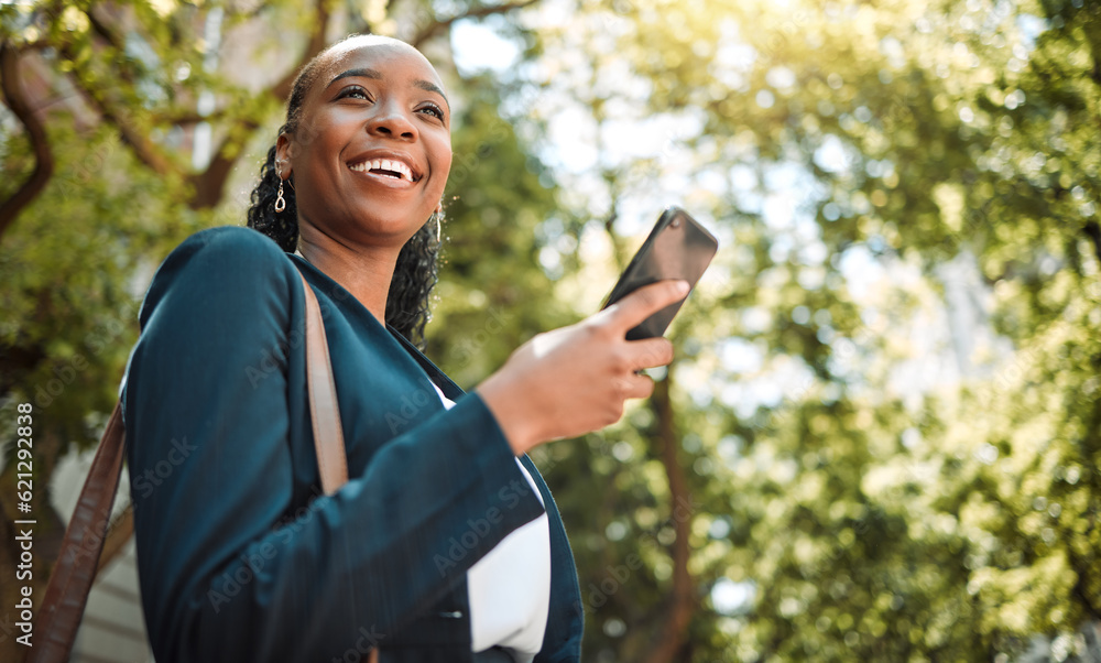 Outdoor, black woman and smartphone with connection, typing and happiness with social media, nature 