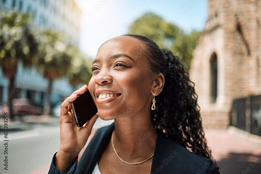 Happy black woman, phone call and city in travel, conversation or communication outdoors. African fe