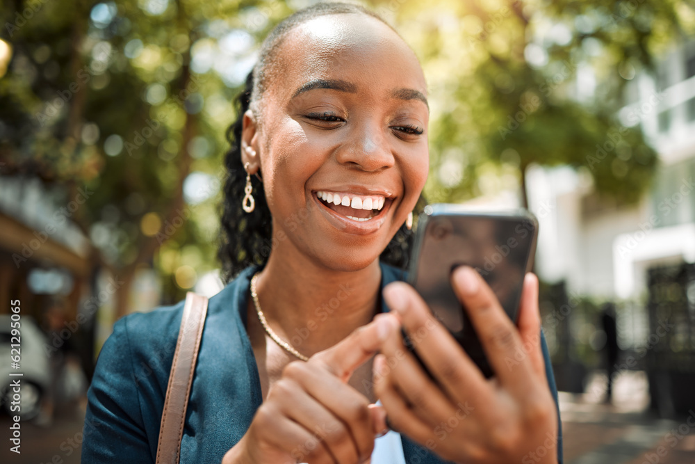 Outdoor, black woman and smartphone with a mobile app typing and happiness with social media, contac