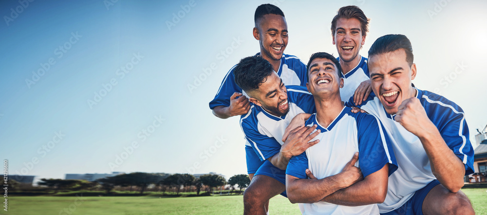 Sports, mockup and a team of soccer players in celebration on a field for success in a game. Footbal