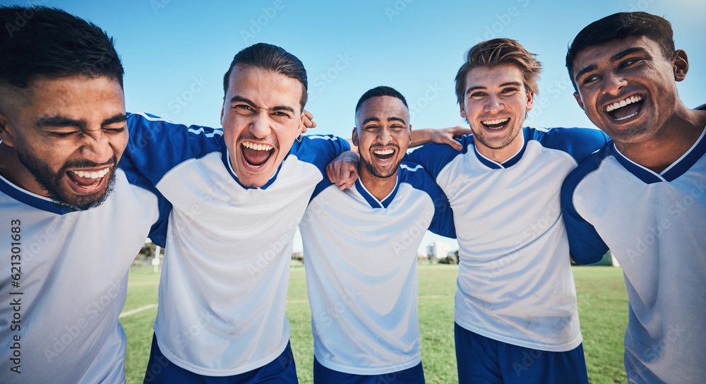 Football player, game and portrait of men together on a field for sports and fitness. Happy male soc