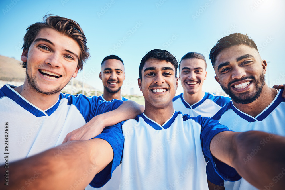 Soccer player men, team selfie and field for social media post, memory and smile with friends at tra