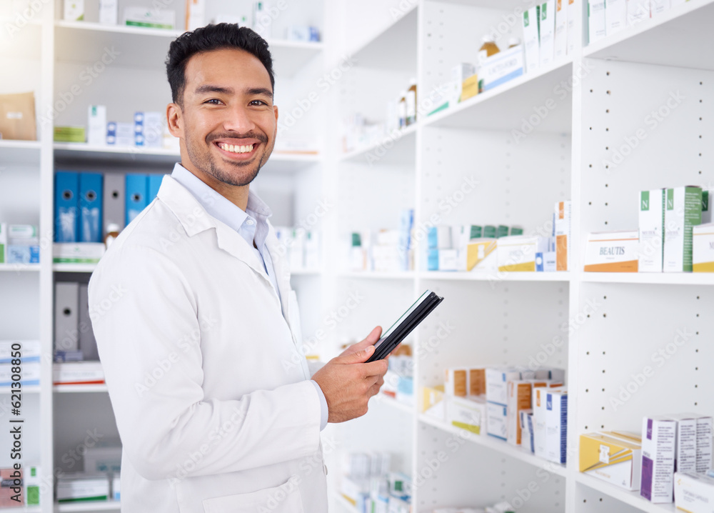 Man, portrait and pharmacist with tablet in pharmacy, drugstore or shop. Face, technology and Asian 