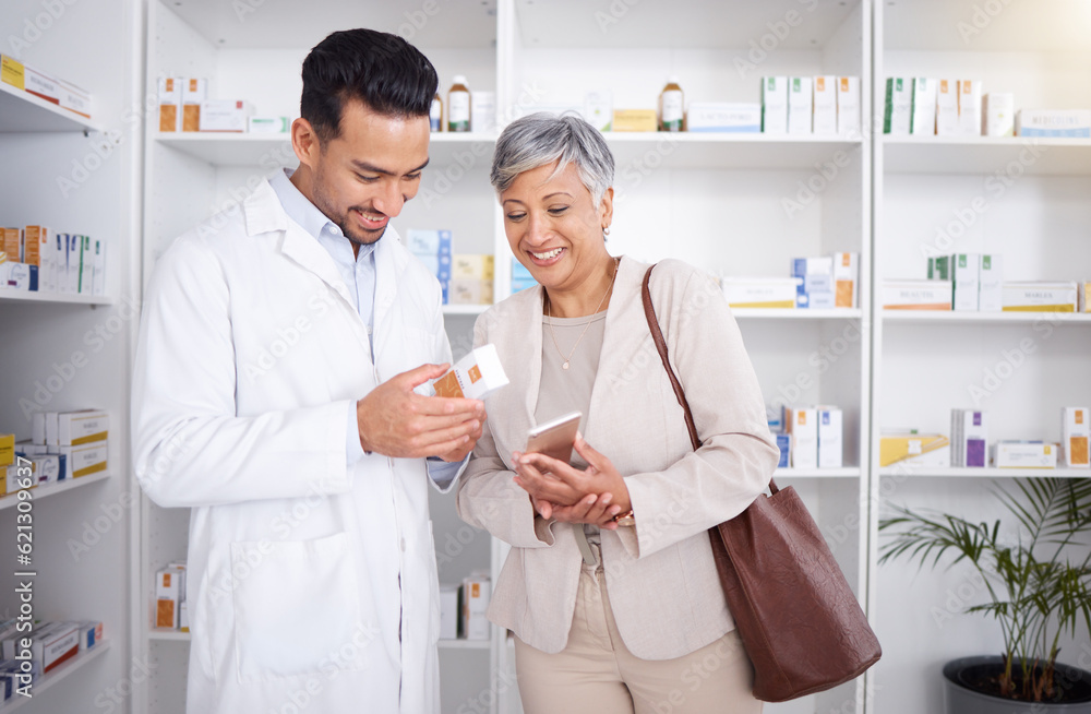 Pharmacist man, senior woman and advice with box, phone and happy in store for prescription, healthc