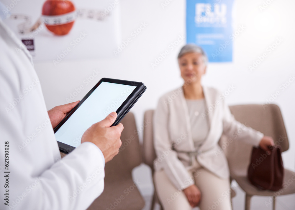 Tablet, doctor and senior woman in waiting room, office or sitting on a chair or medical information