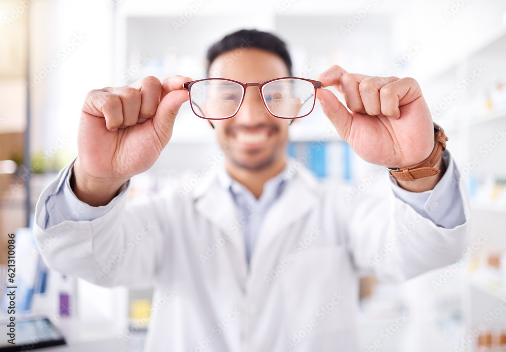 Hands, man and optometrist with glasses for vision, eyesight and prescription lens. Frame, ophthalmo