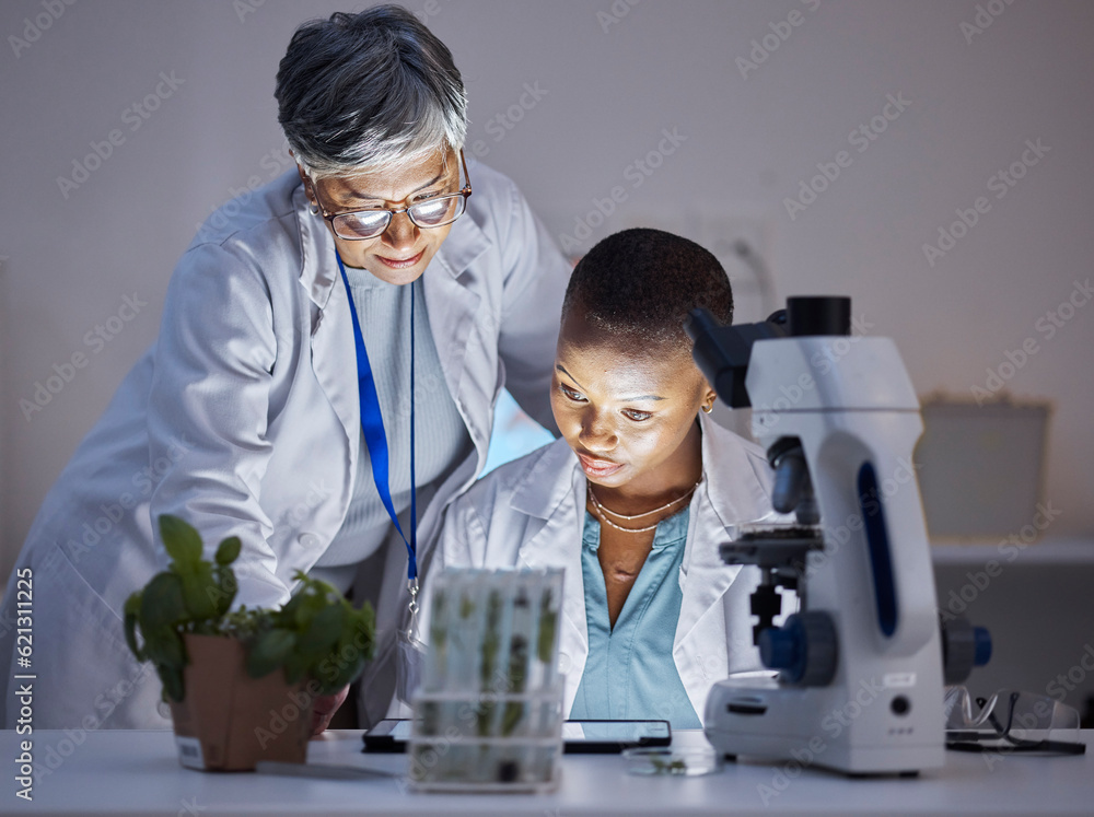 Scientist, team with women in lab and plant, ecology and check data results on tablet, eco and medic