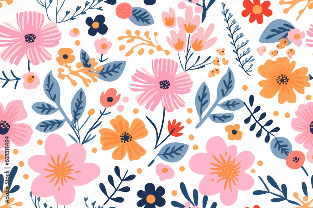 Colorful floral pattern on neutral background, vector seamless fabric design wallpaper