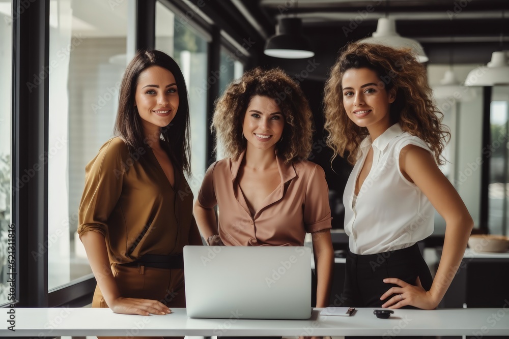 Portrait of multi ethnic business woman standing together at office, Multi ethnic business people at